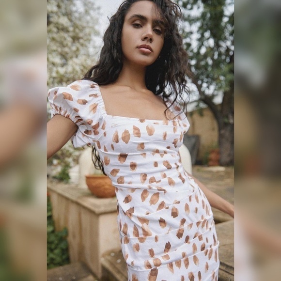 Significant Other Dress Lola Dot Ruched Open Tie Back Mini Caramel Petal 4 NWT - Picture 9 of 10